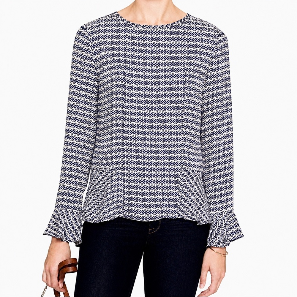 Womens Banana Republic Navy Blue Pattern Bell Cuff Peplum Long Sleeve Blouse NWT